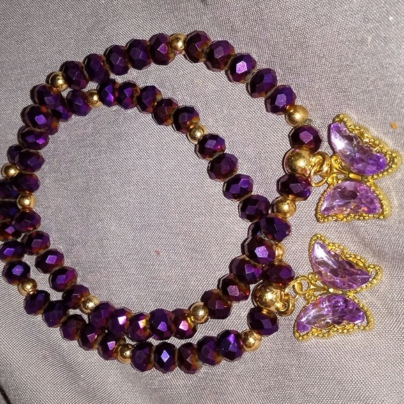 Aurora Borealis crystals Jewelry - PURPLE AURORA BOREALIS AND GOLD BUTTERFLY BRACELET SET OF TWO